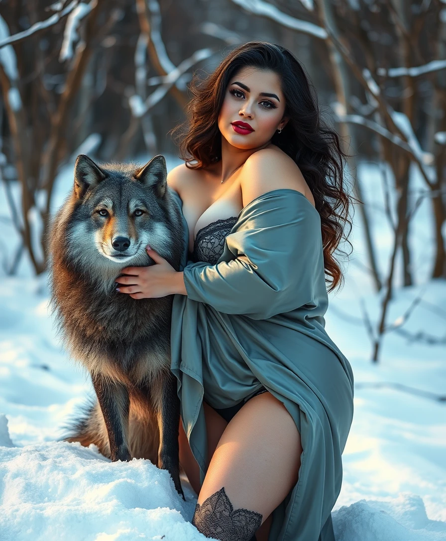 Femme sûre d’elle en lingerie posant dans un paysage enneigé