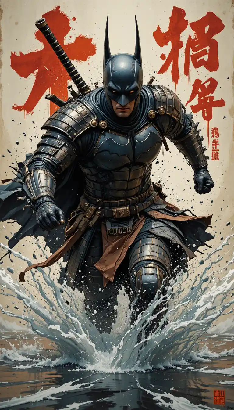 Samurai inspired armored hero charging through splashing water