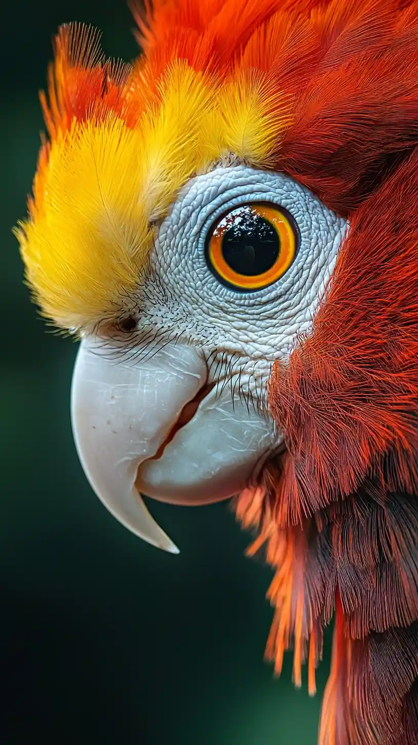 Extreme close up macaw portrait in dark jungle