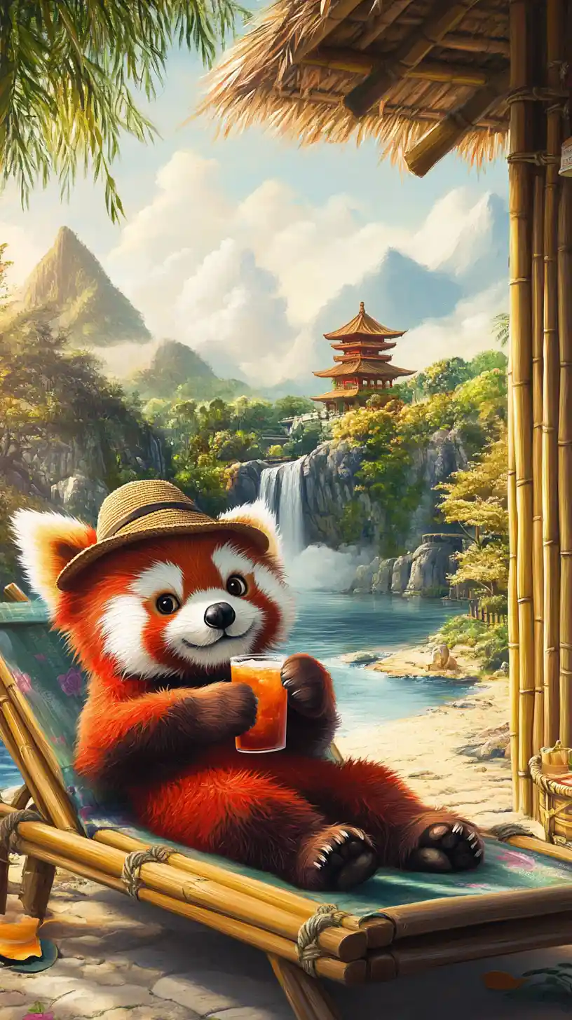 Red panda relaxing in bamboo chair by a sunny hut