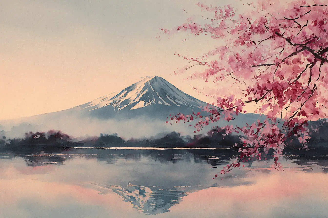 靜謐湖面上的富士山與櫻花