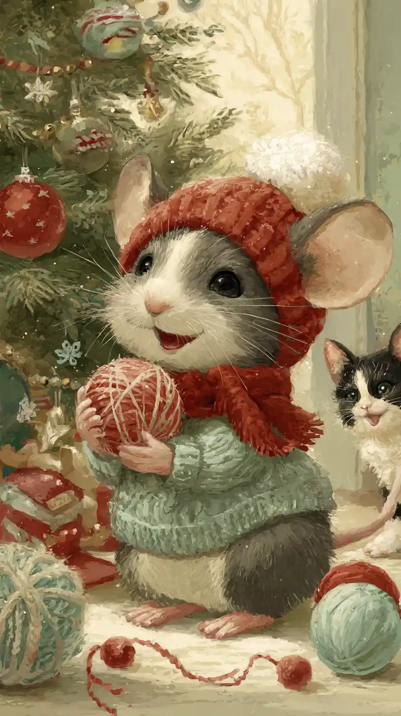 Cheerful Mouse And Curious Cat By A Festive Christmas Tree