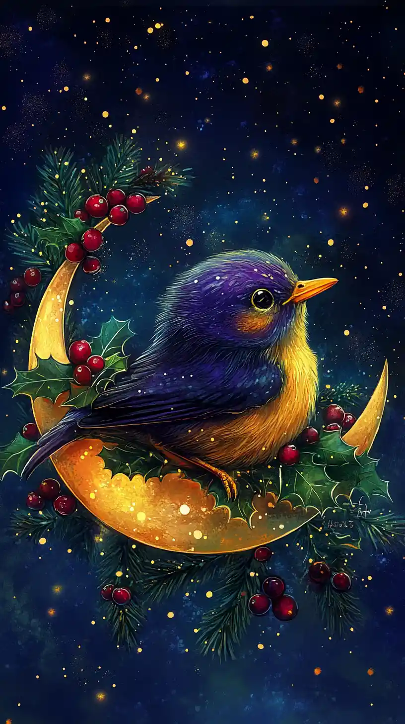 Cute purple bird resting on a crescent moon at Christmas night