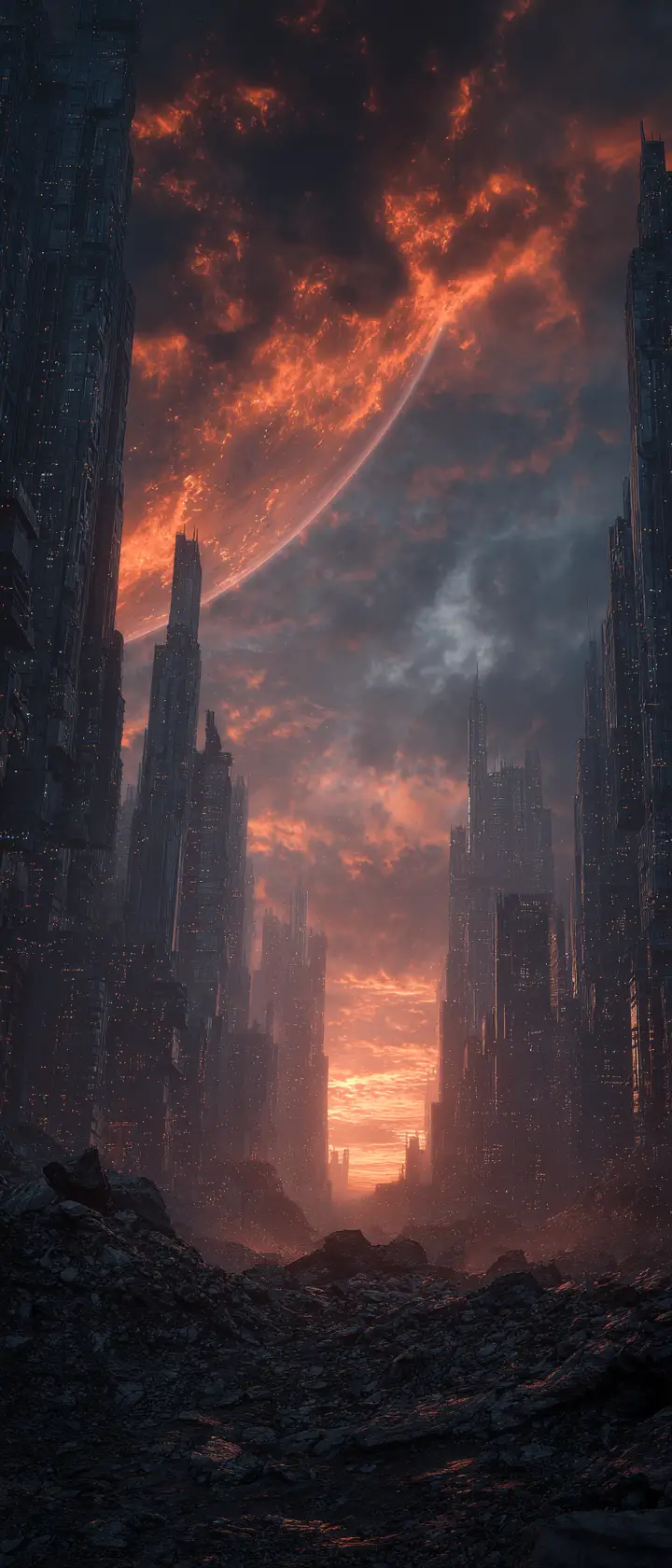 Futuristische Ruinenstadt mit aufragenden Wolkenkratzern und stürmischem Himmel