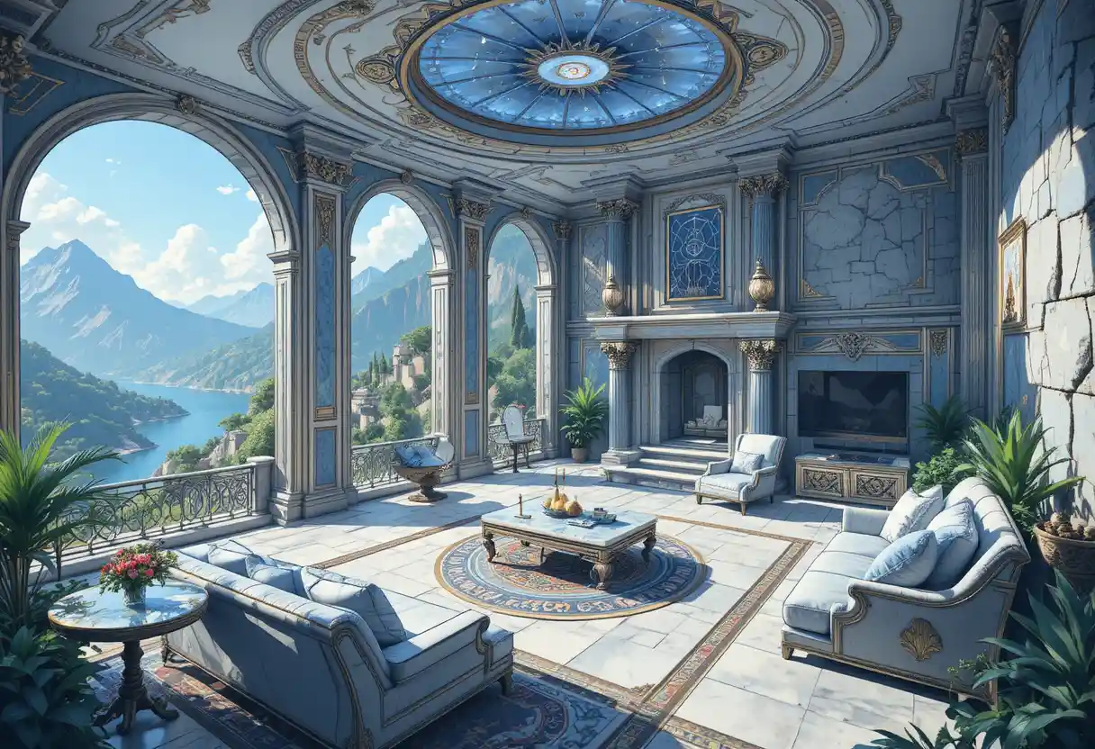 Interni isometrici di lussuosa villa in pietra in paesaggio montano