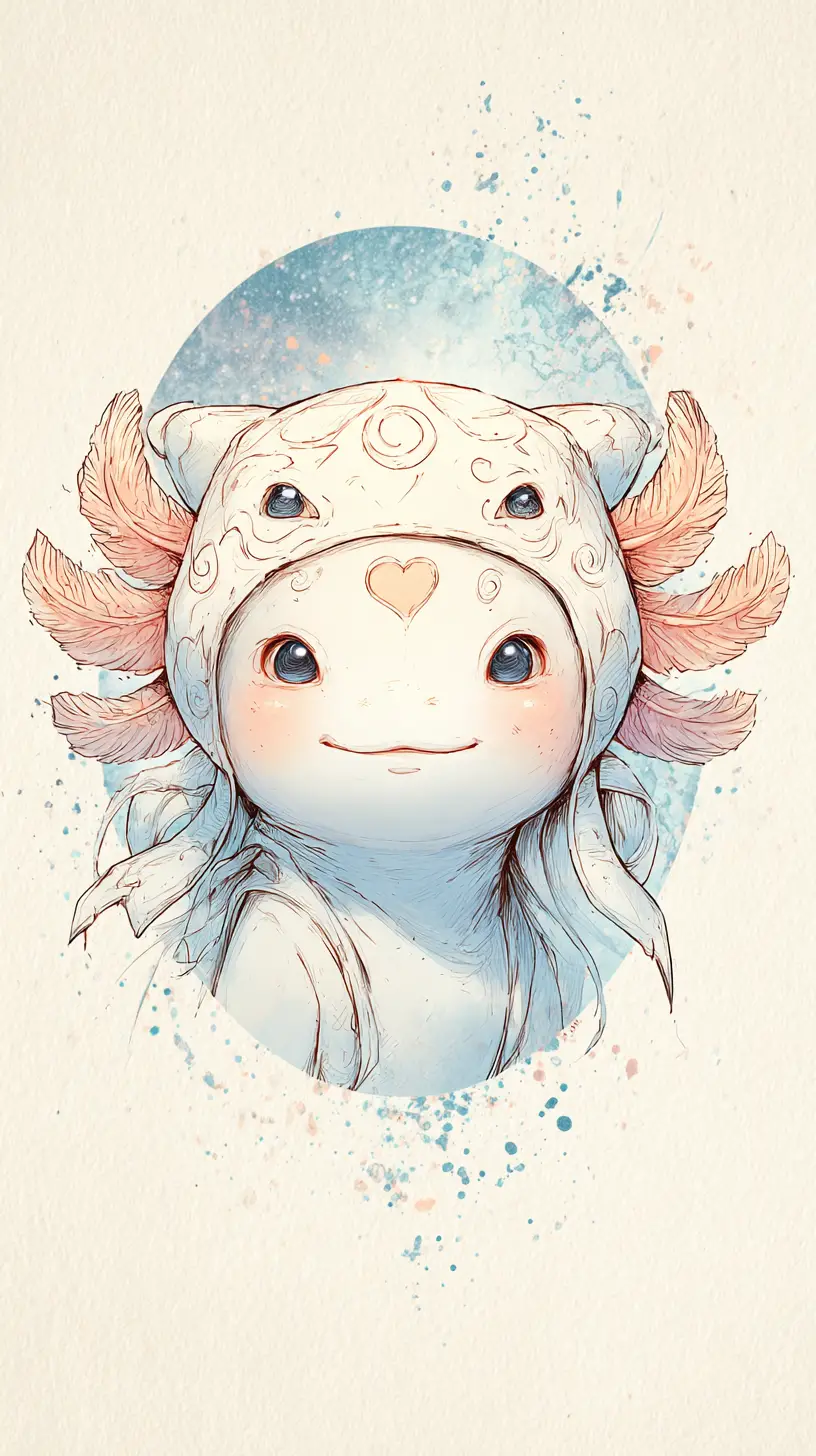 Enfant doux avec bonnet axolotl dans un style aquarelle doux