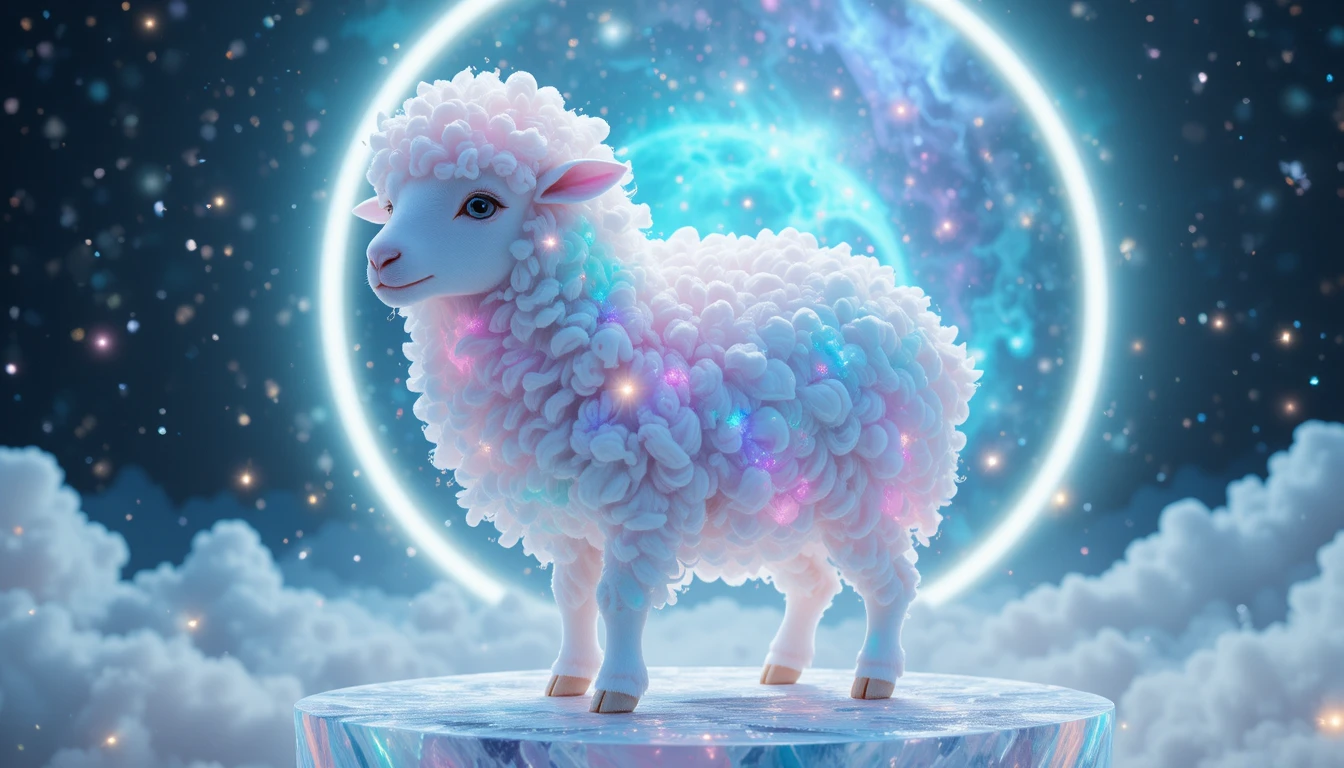 Glowing Cosmic Lamb On Floating Crystal Platform