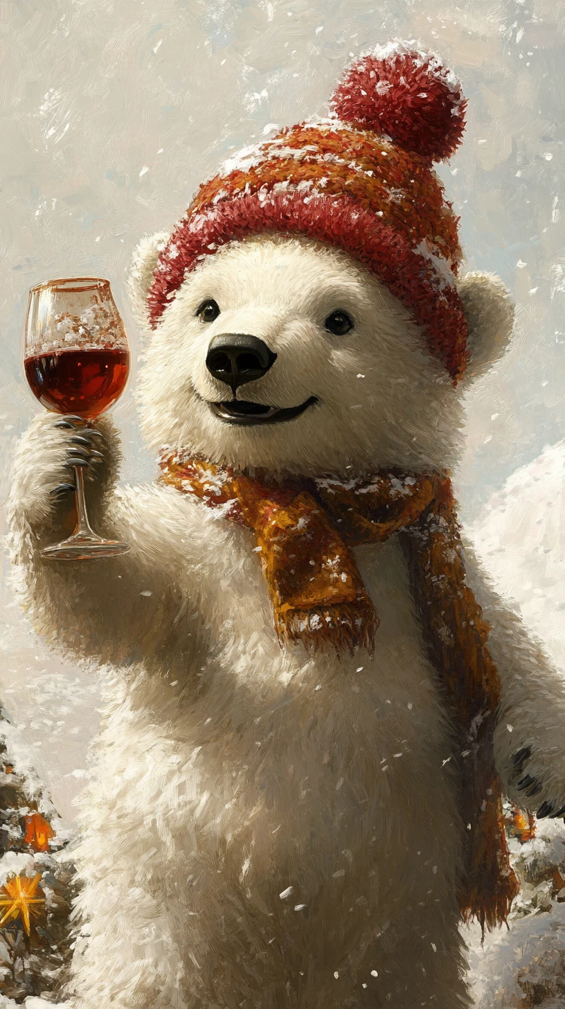 Filhote de urso polar alegre com gorro de pompom e vinho