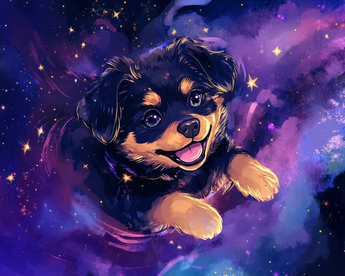 Cucciolo chibi di rottweiler soffice che rotola nello spazio cosmico