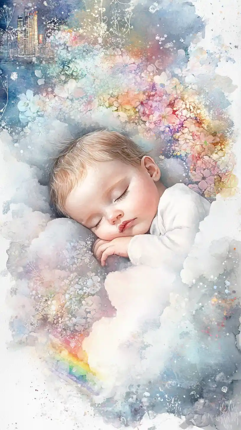 Sleeping baby resting softly above the drifting clouds