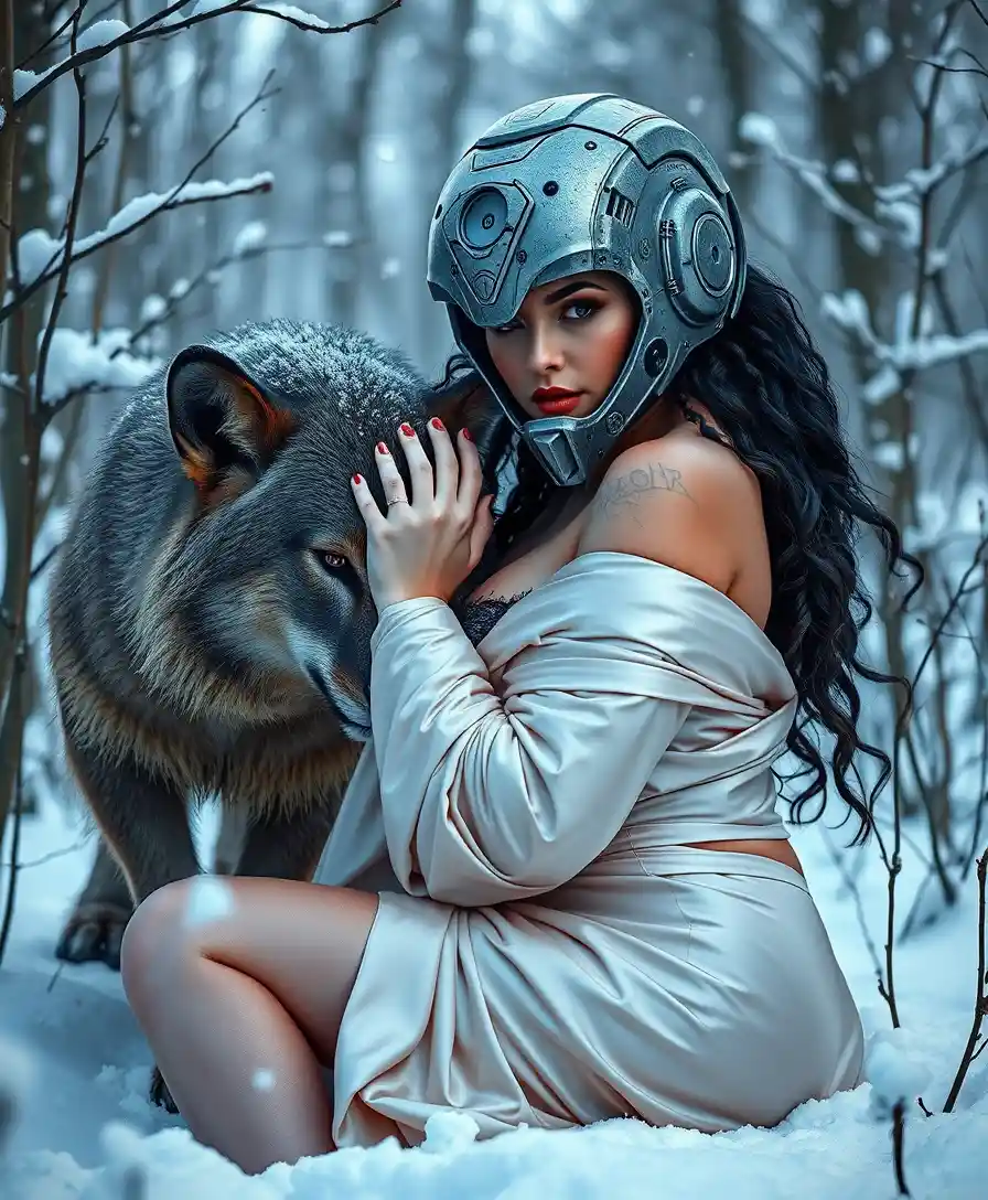Donna fantasy con compagno animale in una scena invernale surreale