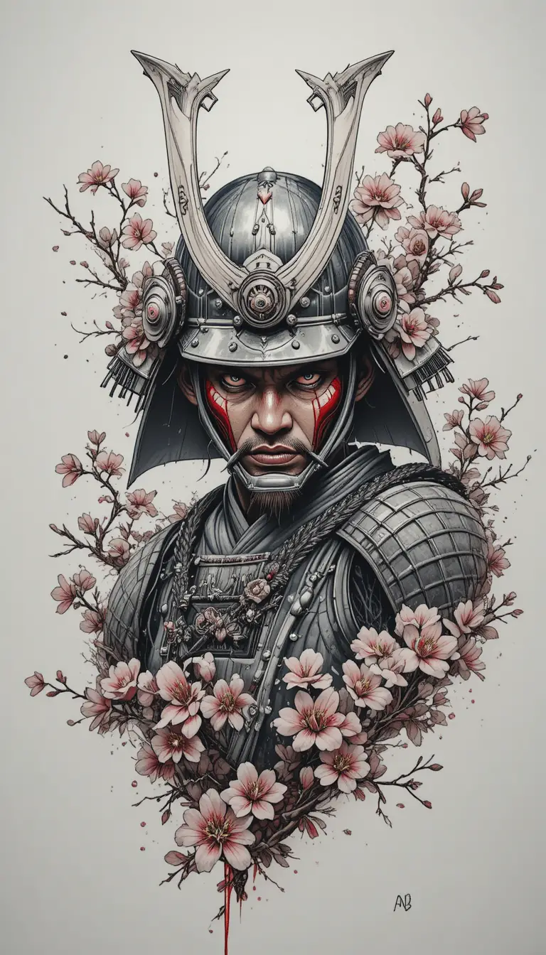 Samurai-Krieger-Tattoo mit gehörntem Helm und Kirschblüten