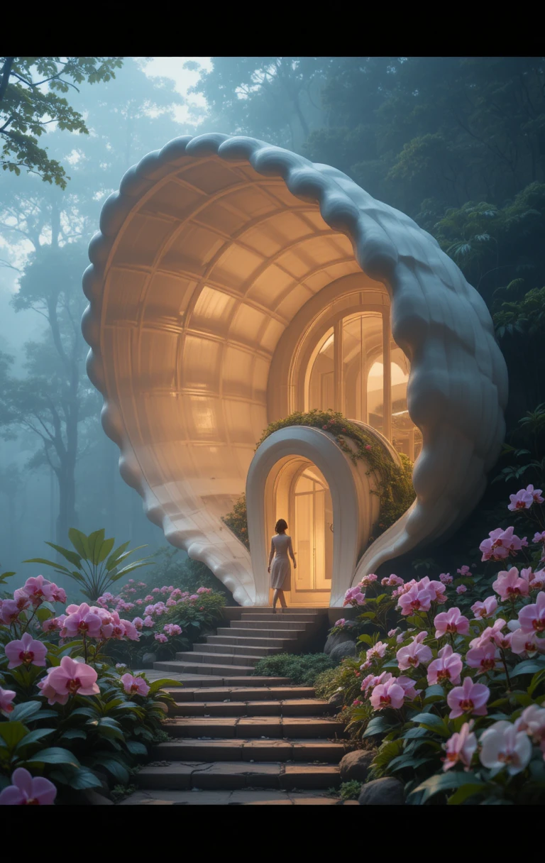 Casa gigante em forma de concha em floresta enevoada com mulher
