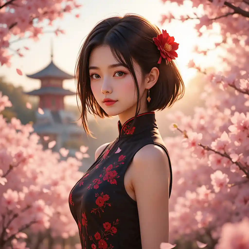 Ragazza anime con qipao nero in un giardino di ciliegi in fiore