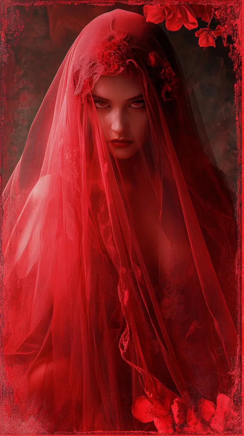 Femme voilée en robe rouge dans une pièce sombre éclairée à la bougie
