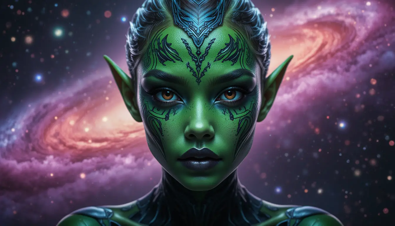 Retrato de mulher alienígena verde flutuando no espaço cósmico