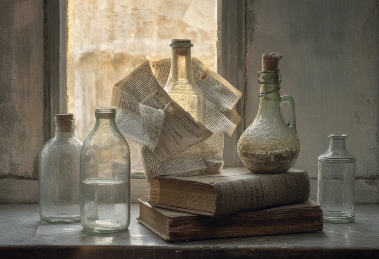 Nature morte de vieilles bouteilles et d’un livre près d’une fenêtre lumineuse