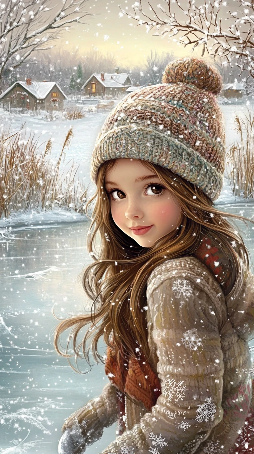 Adorable fille faisant du patin à glace sur un étang d’hiver gelé