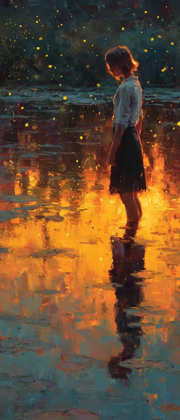 夜晚站在發光河流中的沉思女孩