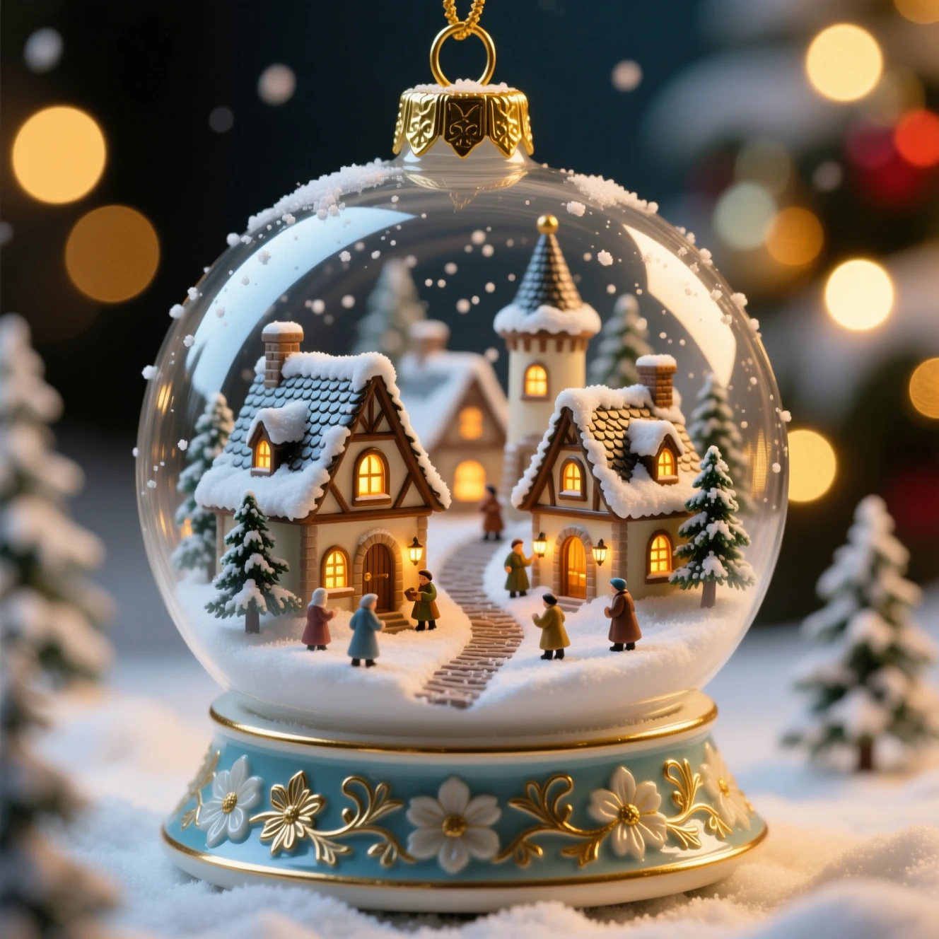 Glas-Weihnachtsornament mit winzigem verschneitem Dorf im Inneren