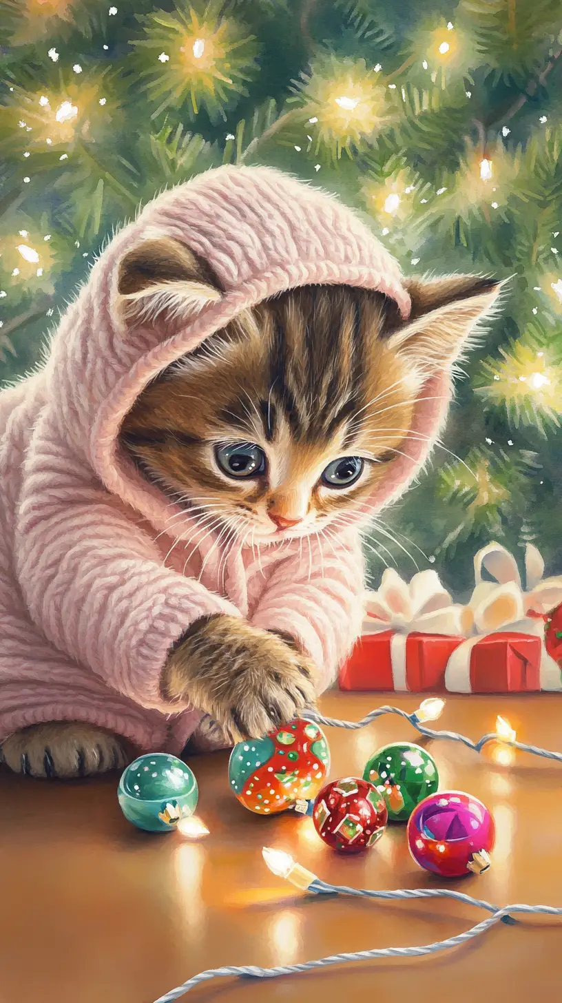 Illustration d’un adorable chaton tigré jouant avec des guirlandes lumineuses de Noël