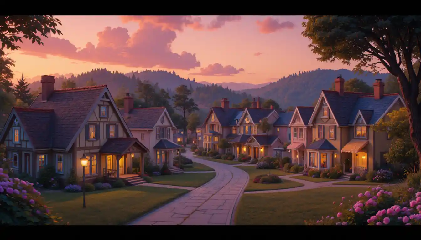 Idyllic small town bathed in pastel sunset colors