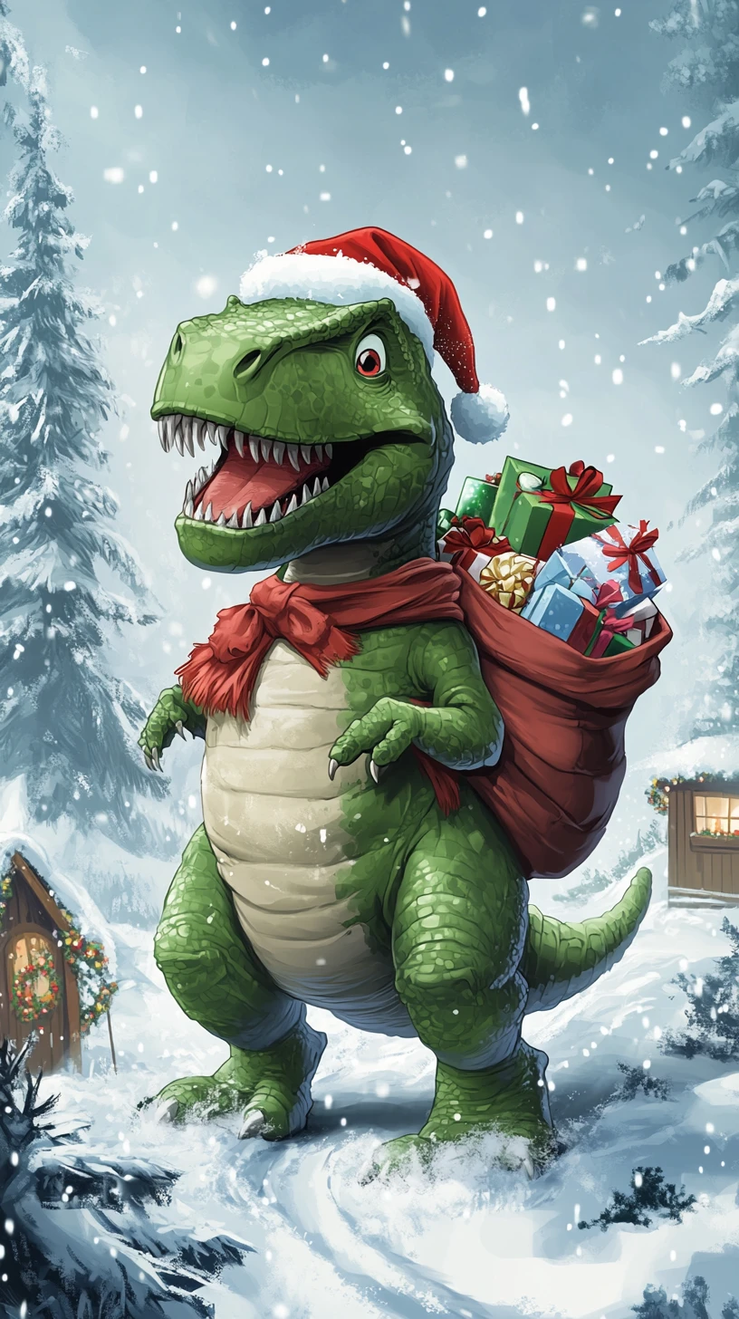 Dinosauro Babbo Natale in stile cartoon in una foresta invernale innevata