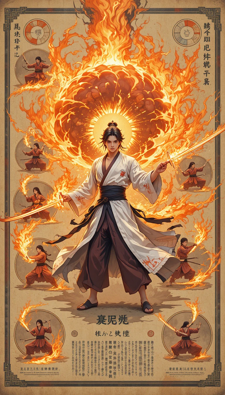 燃え盛る剣技に包まれた炎のアニメ戦士