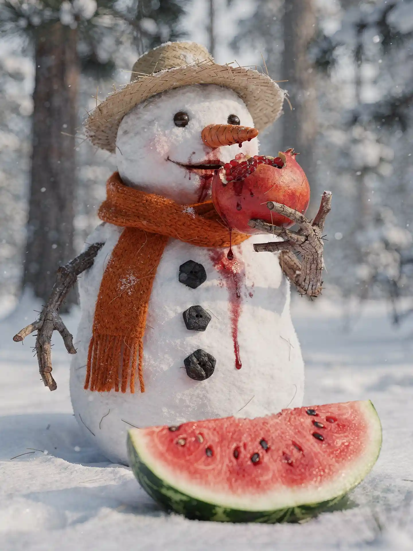 雪の冬の森でザクロを食べる雪だるま