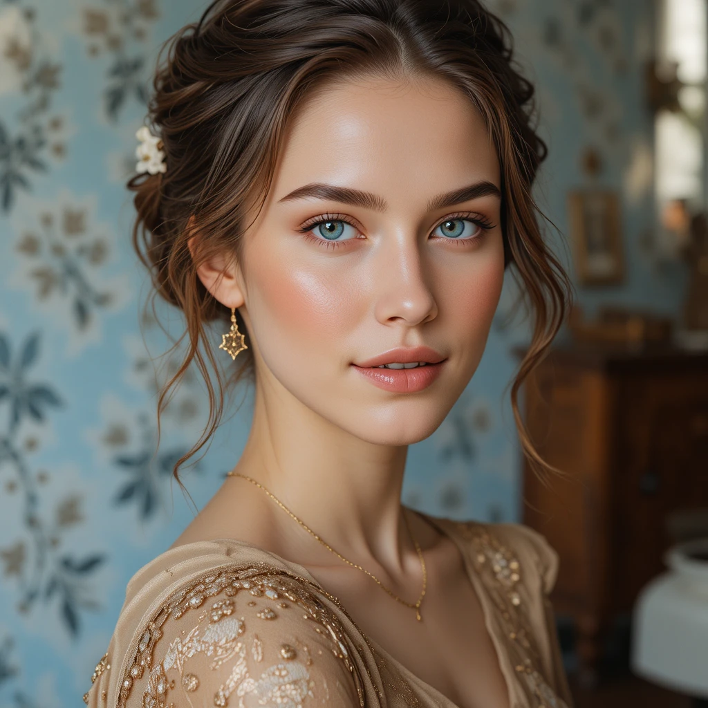 Young woman portrait with soft light and golden dress