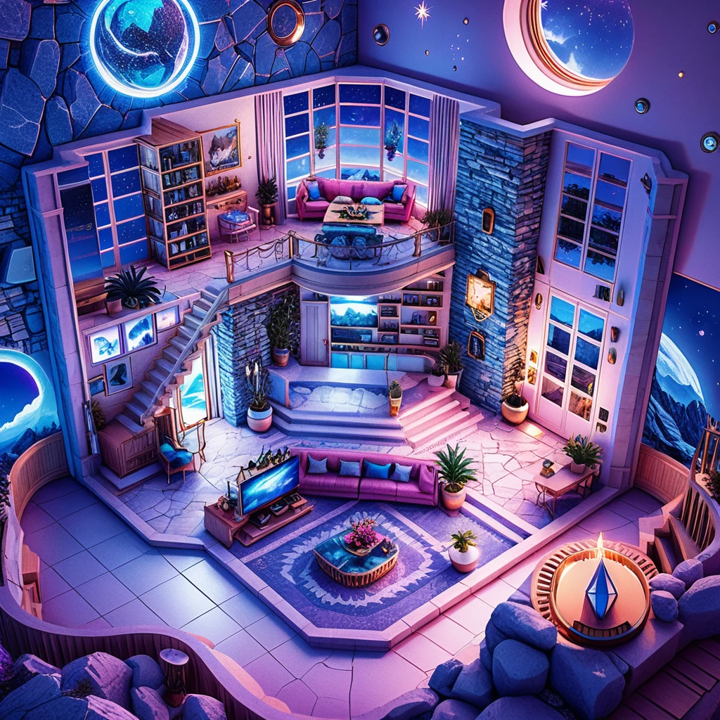 Isometric luxury stone villa interior in serene mountains