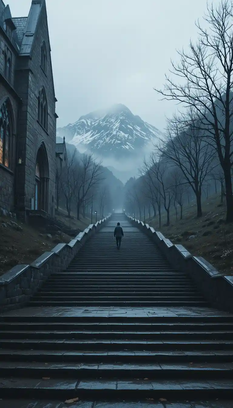 Rain soaked stone staircase facing misty mountain landscape