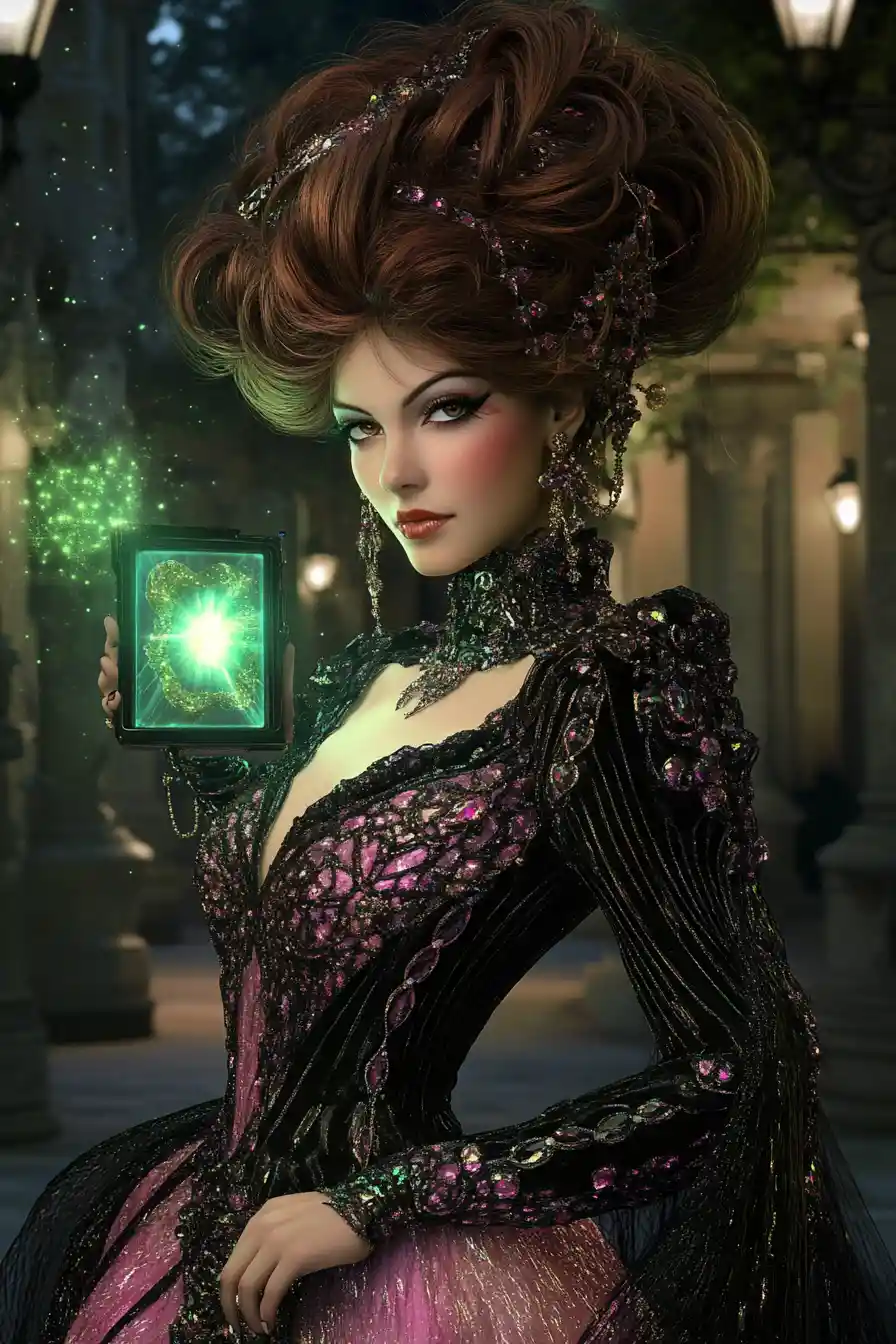 Persian woman in gemstone couture in a surreal courtyard