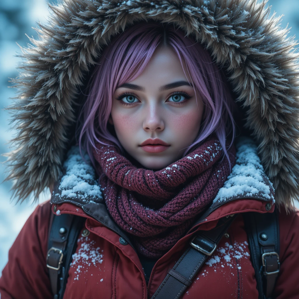 Voyageuse déterminée en parka d’hiver rouge