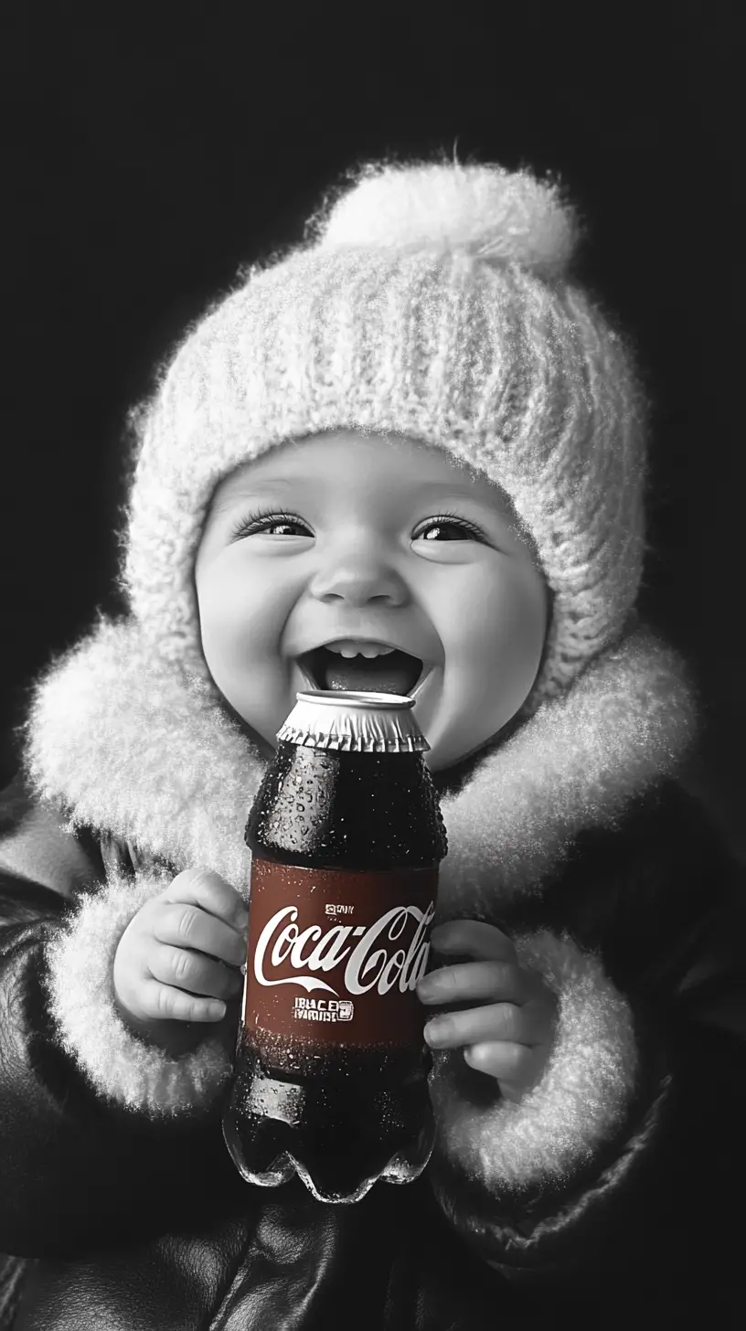 Happy baby polar bear holding a cola bottle