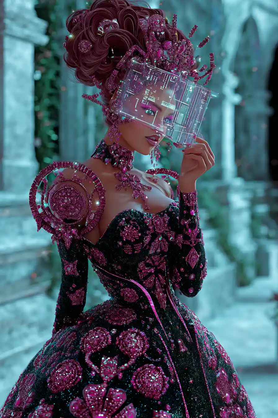 Persian woman in jeweled couture in a moonlit surreal courtyard