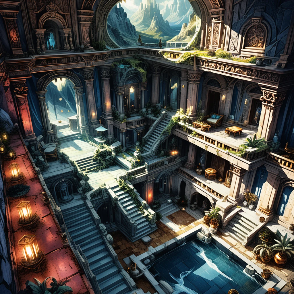 Fantasy luxury villa interior in isometric top down view