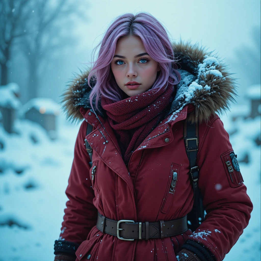 Determined woman in red parka standing in snowy winter light