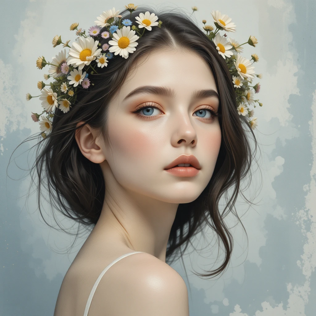 Melancholic girl portrait with delicate wildflower halo