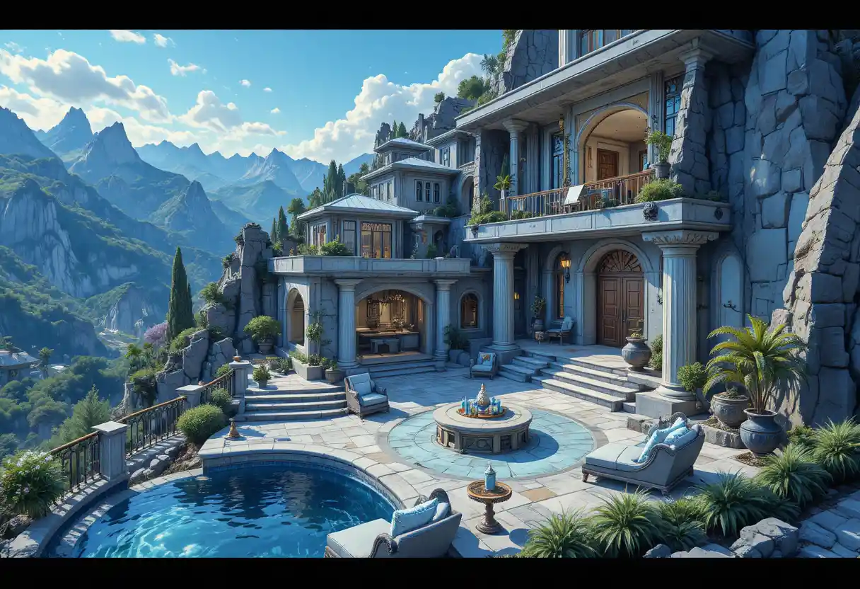 Interno isometrico di lussuosa villa in pietra in un ambientazione montana mitica