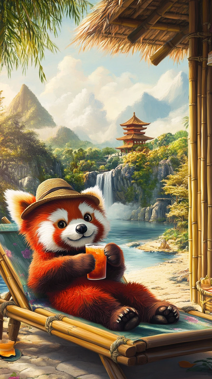 Panda rosso che si rilassa su una sedia di bambù accanto a una capanna soleggiata