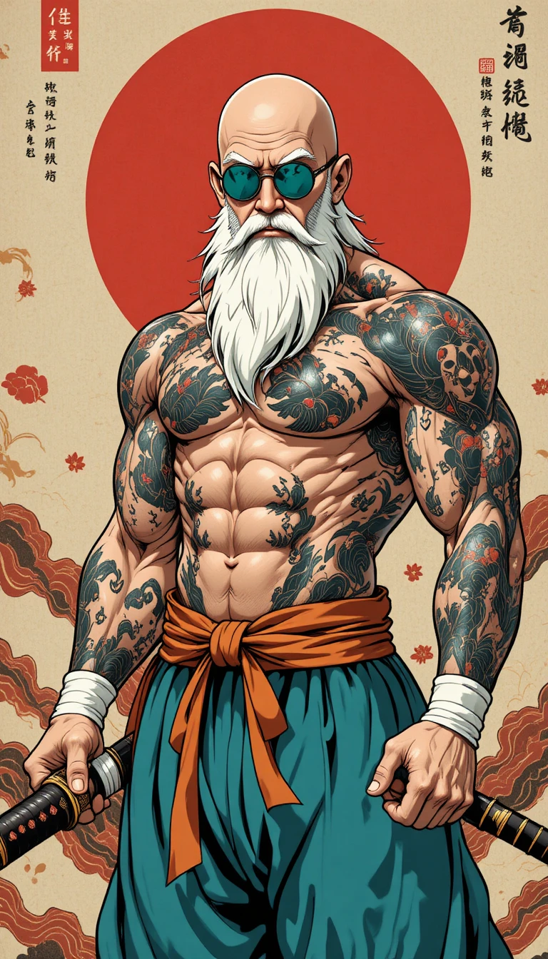 Idoso artista marcial tatuado com katana em estilo ukiyo-e