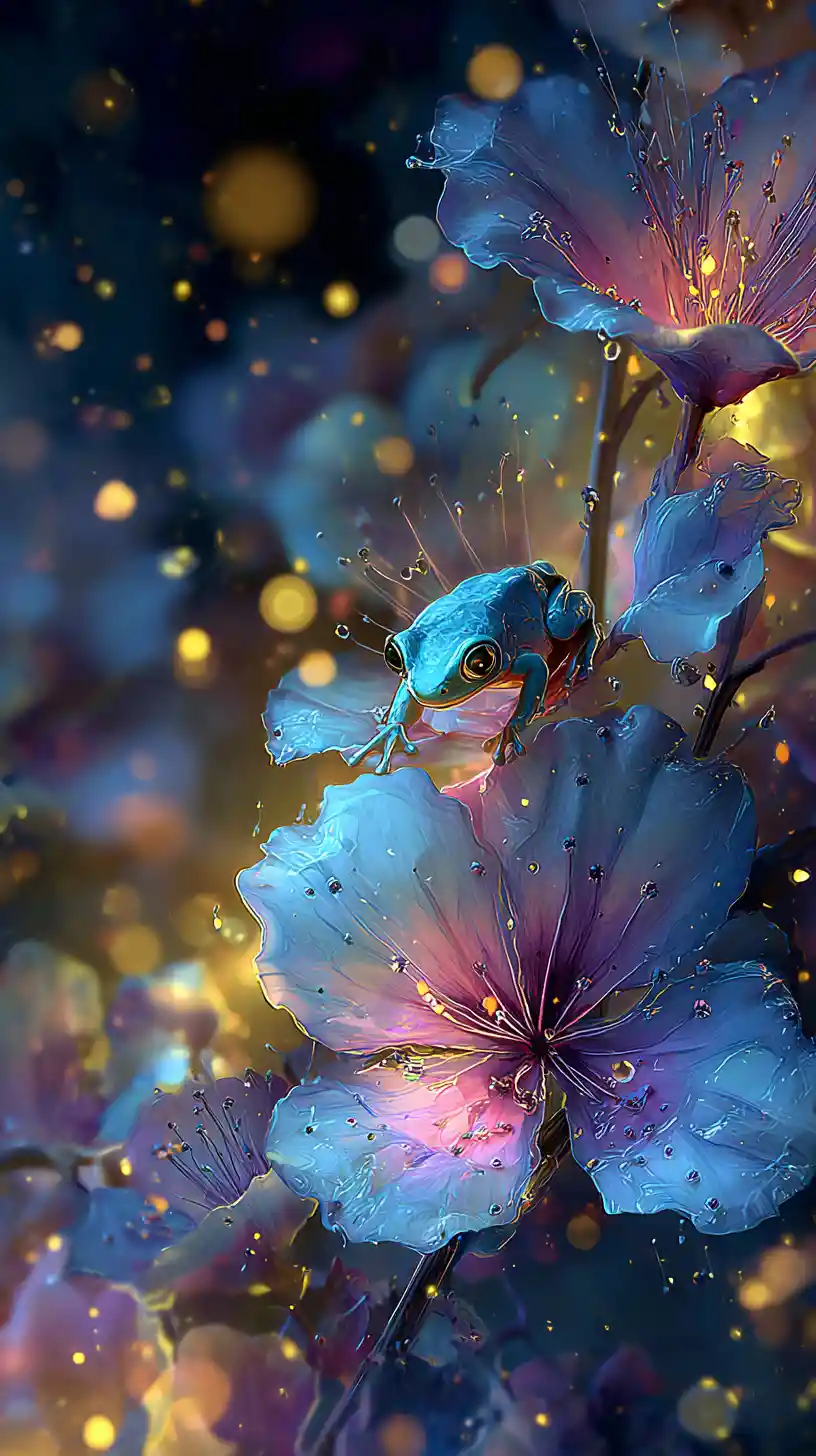 Biolumineszenter Frosch in leuchtenden Nachtblumen