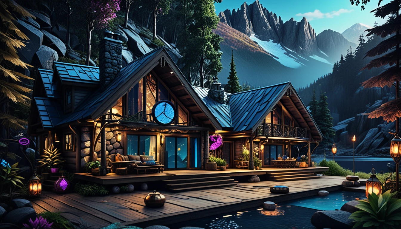 Luxury rustic two story cabin in isometric interior view