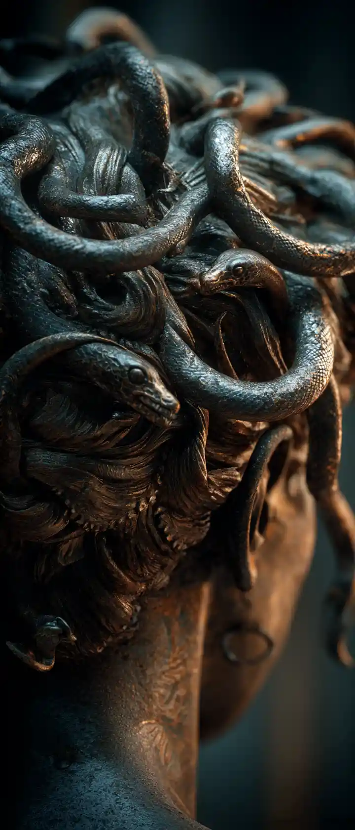 Close up of medusa with writhing snakes and frozen warrior
