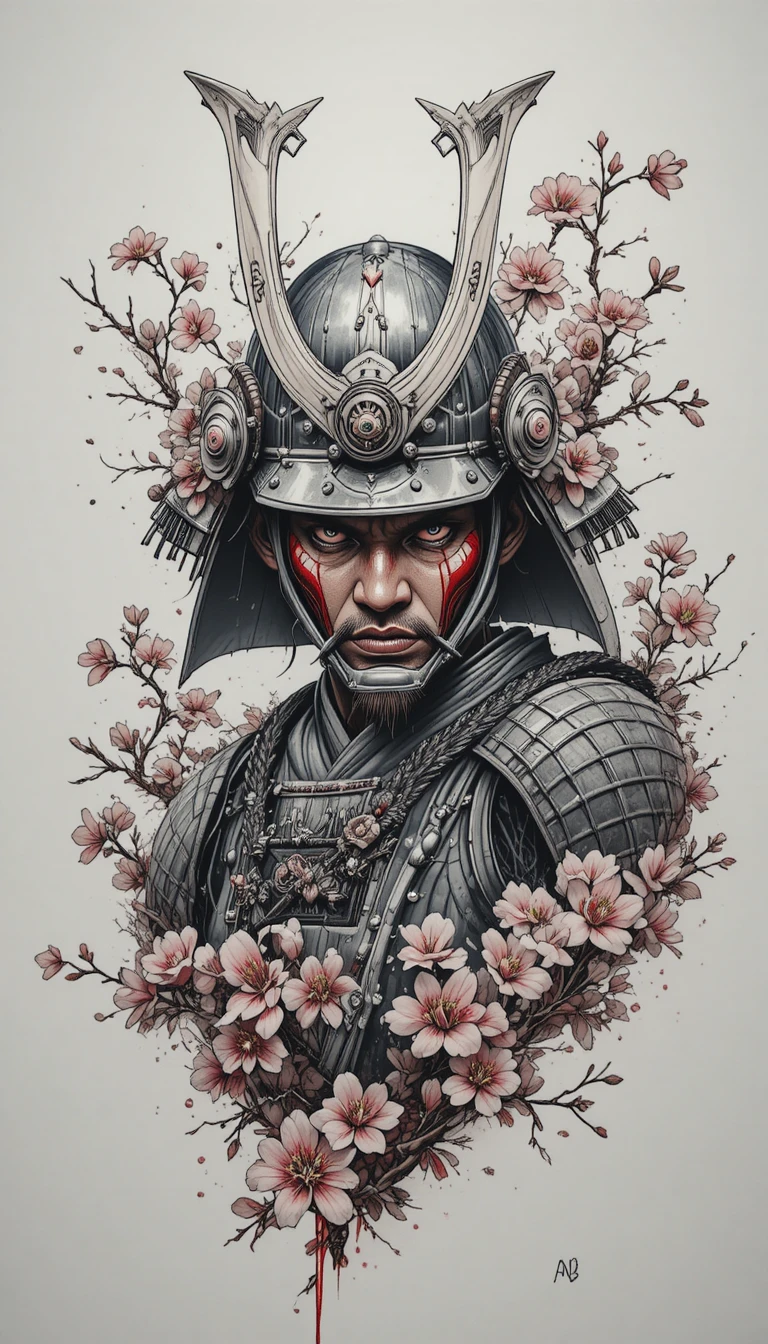 Tatuagem de guerreiro samurai com elmo com chifres e flores de cerejeira