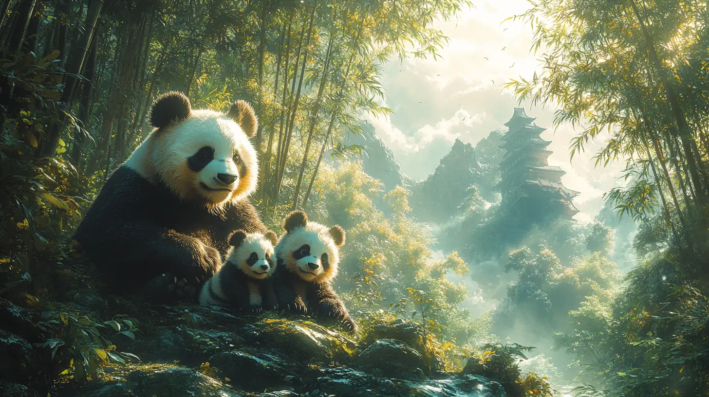 Famiglia di panda in stile Ukiyo-e in una serena foresta di bambù