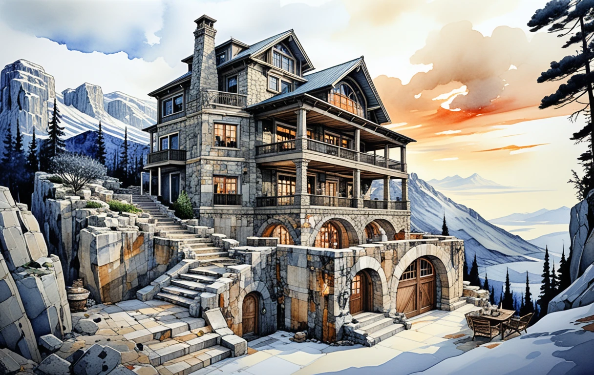 Palácio grego nas nuvens na montanha com design rústico luxuoso
