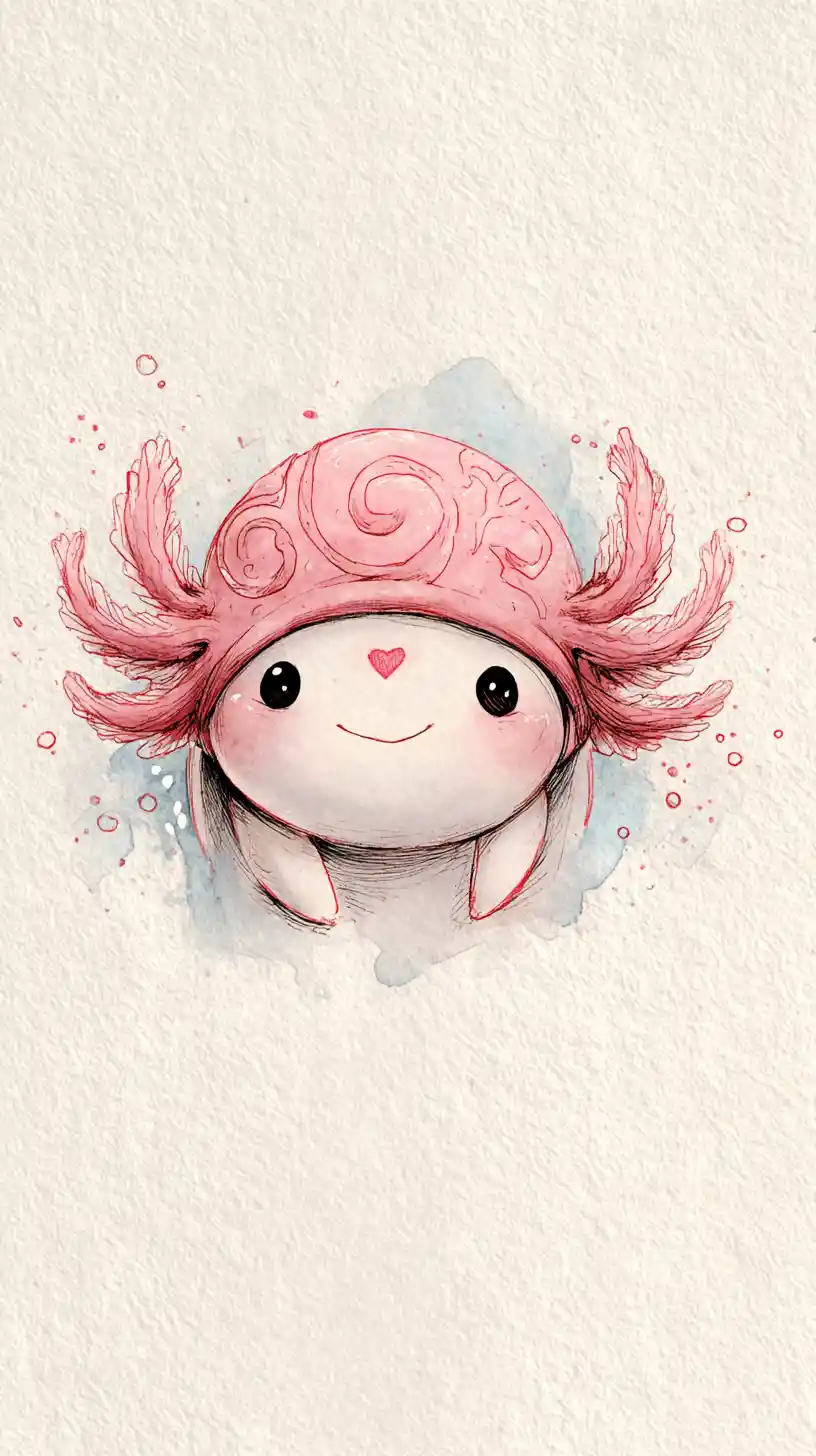 Gentle axolotl girl with heart mark and soft watercolor glow