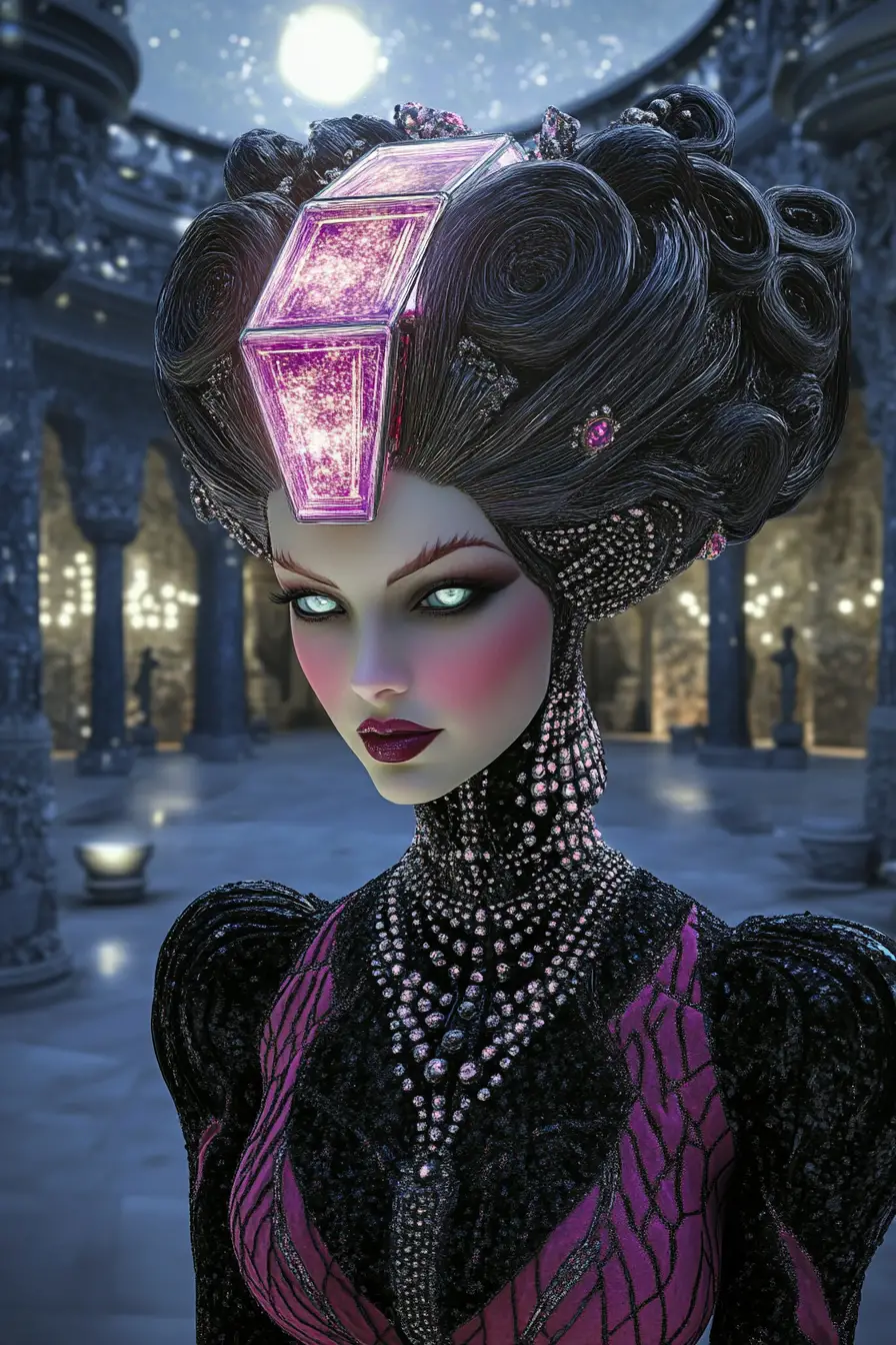 Persian woman in avant garde gemstone couture under moonlight